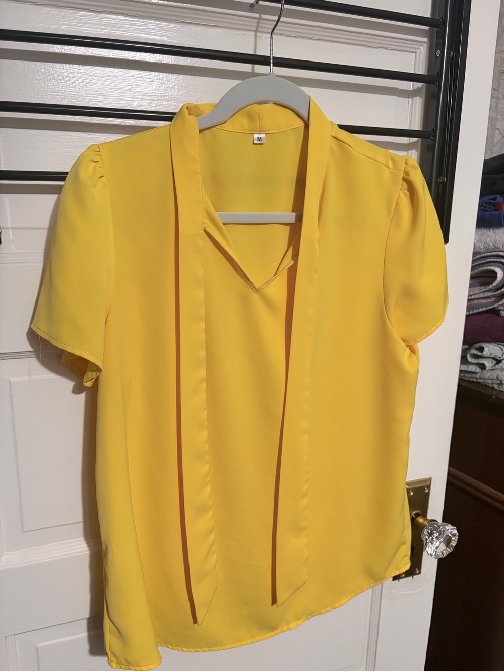 Bright Yellow Tie-Neck Short Sleeve Blouse - Women